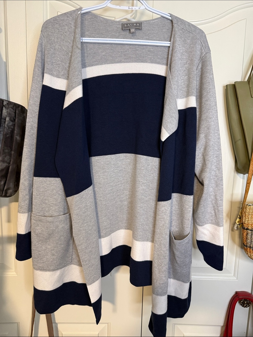 Laura  Open-Front Striped Cardigan in Gray, Navy & White
